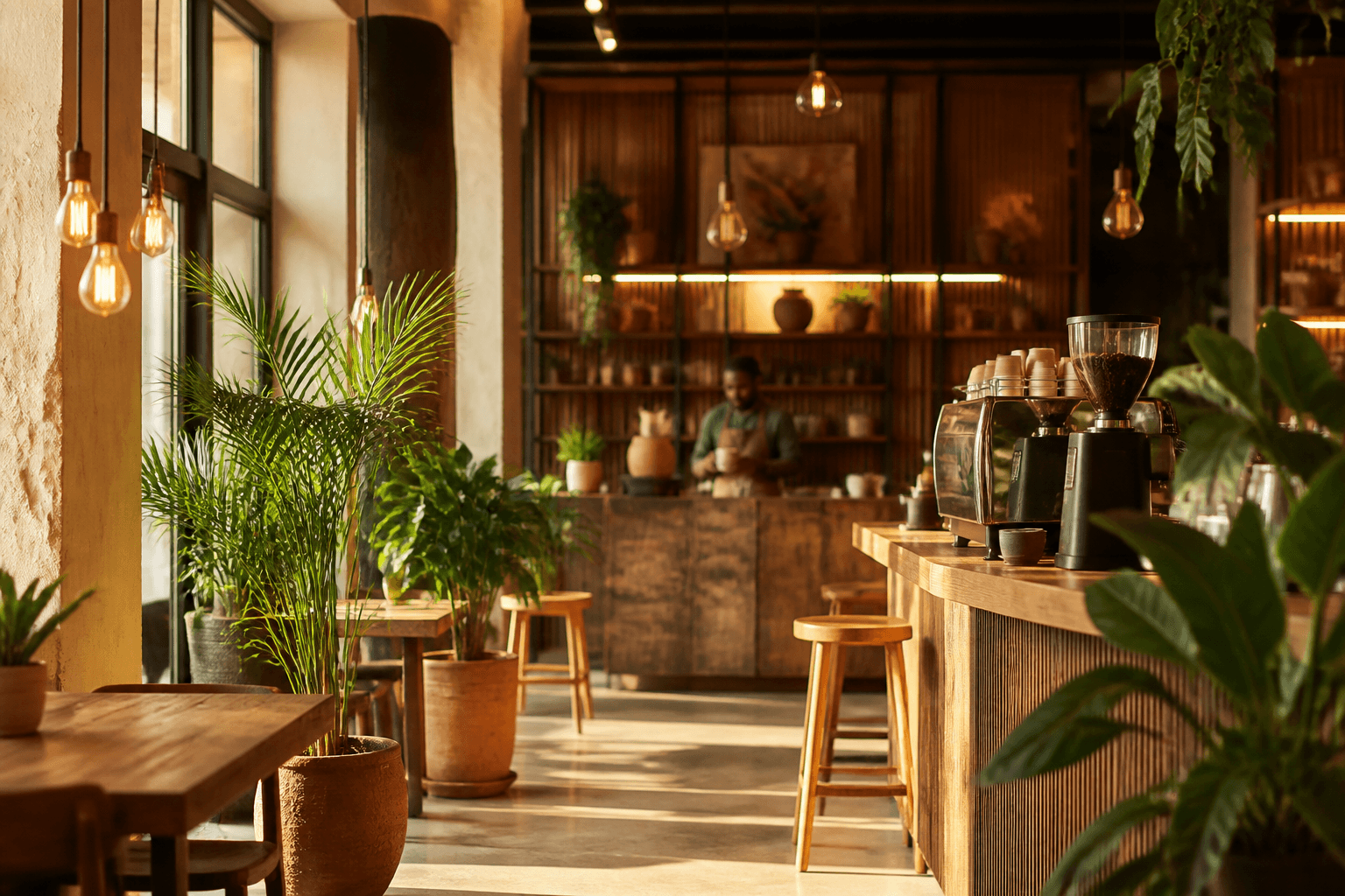 Inside Fab Foods — warm wood, plants and the espresso bar